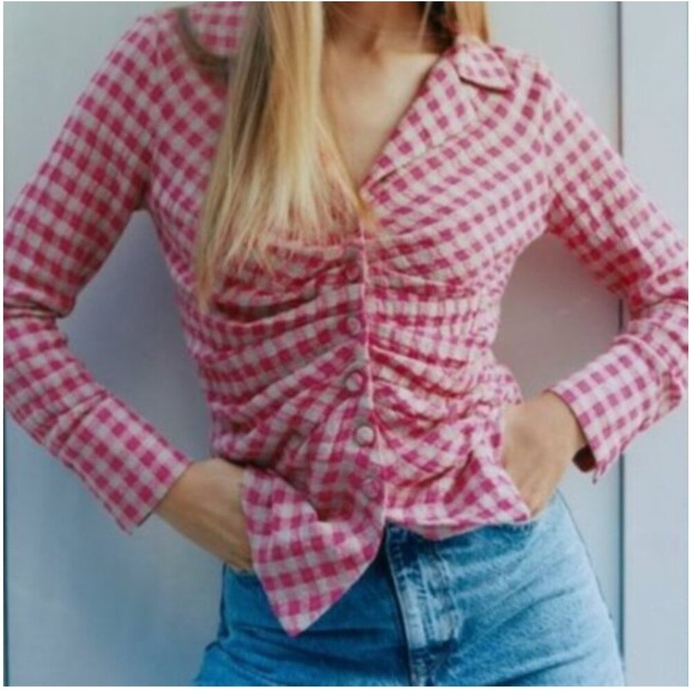 Zara Pink Checkerboard Button Down Blouse